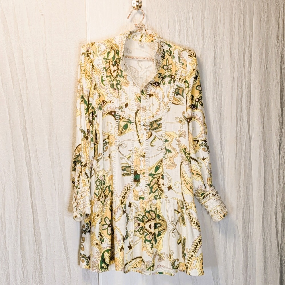 Asa Fashion Yellow Green Pink Paisley Print Boho Mini Dress Exquisite Details